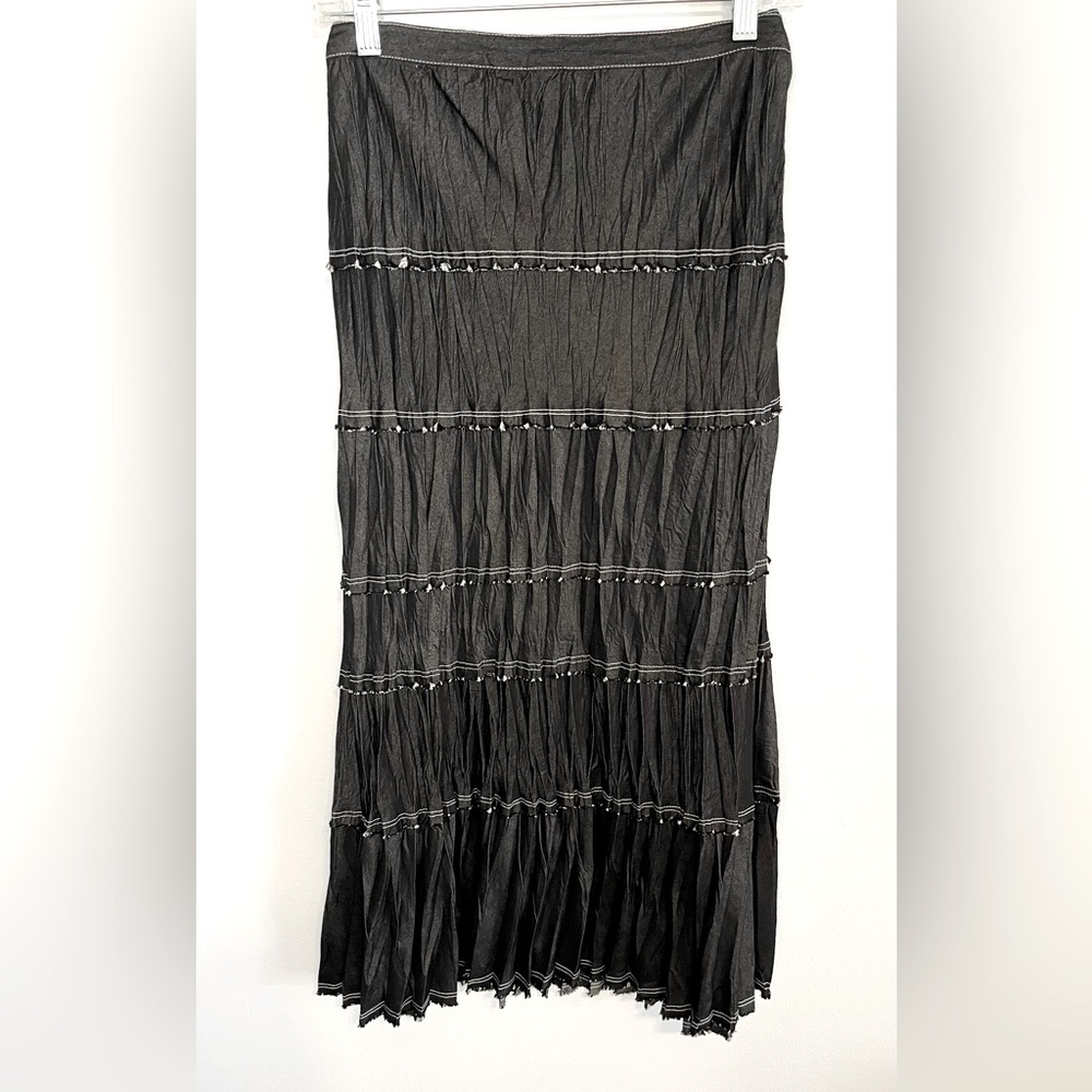 Bala Bala Pleated Midi Skirt Black Gray. Boho Festival Raw Seams & Hem. Sz Large